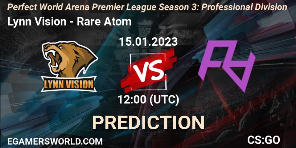 Lynn Vision contre Rare Atom : prédiction de match. 15.01.2023 at 12:30. Counter-Strike (CS2), Perfect World Arena Premier League Season 3: Professional Division