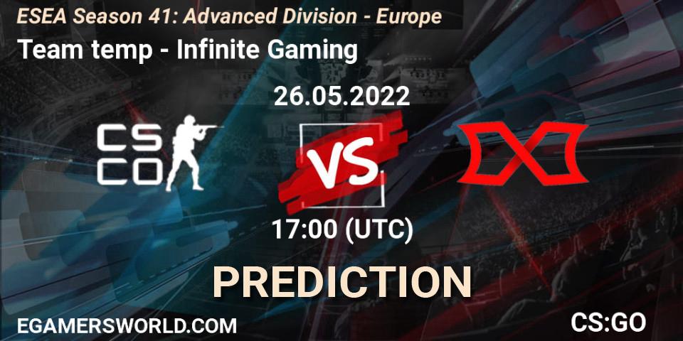 Team temp contre Infinite Gaming : prédiction de match. 07.06.2022 at 16:00. Counter-Strike (CS2), ESEA Season 41: Advanced Division - Europe