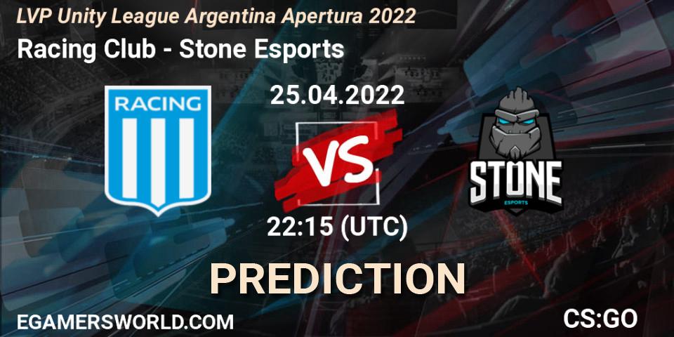 Racing Club contre Stone Esports : prédiction de match. 25.04.2022 at 22:15. Counter-Strike (CS2), LVP Unity League Argentina Apertura 2022
