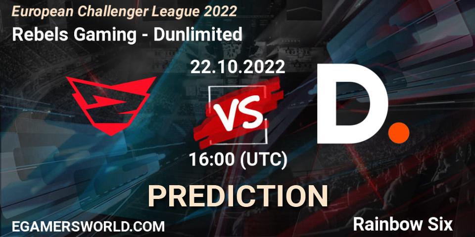 Rebels Gaming contre Dunlimited : prédiction de match. 22.10.2022 at 16:00. Rainbow Six, European Challenger League 2022