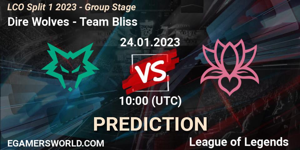 Dire Wolves contre Team Bliss : prédiction de match. 24.01.2023 at 09:00. LoL, LCO Split 1 2023 - Group Stage