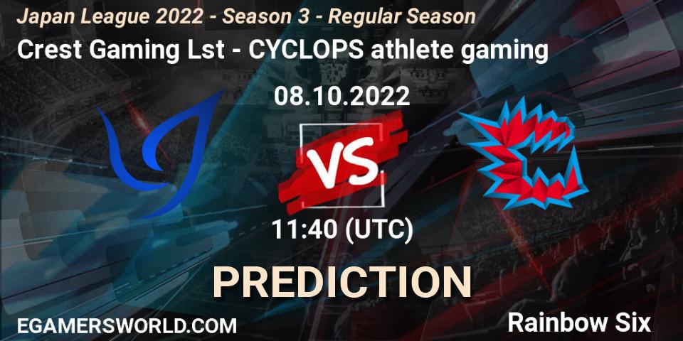 Crest Gaming Lst contre CYCLOPS athlete gaming : prédiction de match. 08.10.2022 at 11:40. Rainbow Six, Japan League 2022 - Season 3 - Regular Season