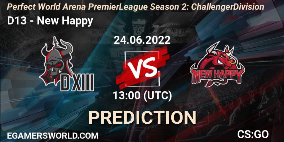 D13 contre New Happy : prédiction de match. 24.06.2022 at 11:40. Counter-Strike (CS2), Perfect World Arena Premier League Season 2: Challenger Division