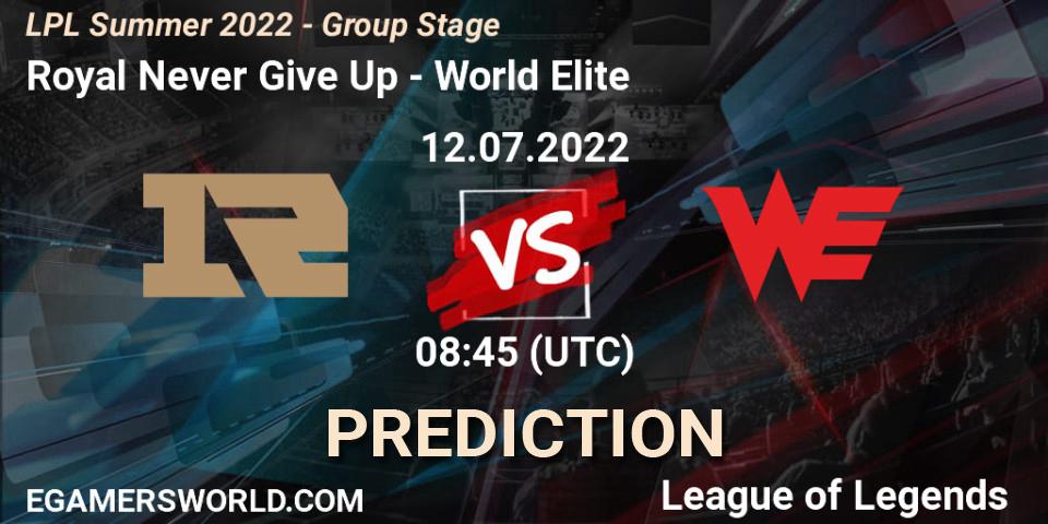Royal Never Give Up contre World Elite : prédiction de match. 12.07.2022 at 09:00. LoL, LPL Summer 2022 - Group Stage