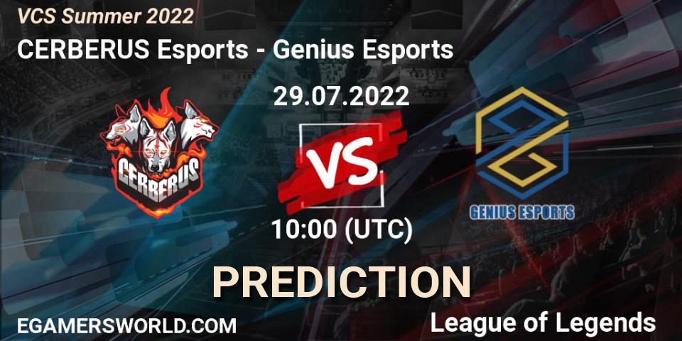 CERBERUS Esports contre Genius Esports : prédiction de match. 29.07.2022 at 10:00. LoL, VCS Summer 2022