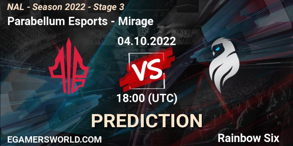 Parabellum Esports contre Mirage : prédiction de match. 04.10.2022 at 18:00. Rainbow Six, NAL - Season 2022 - Stage 3