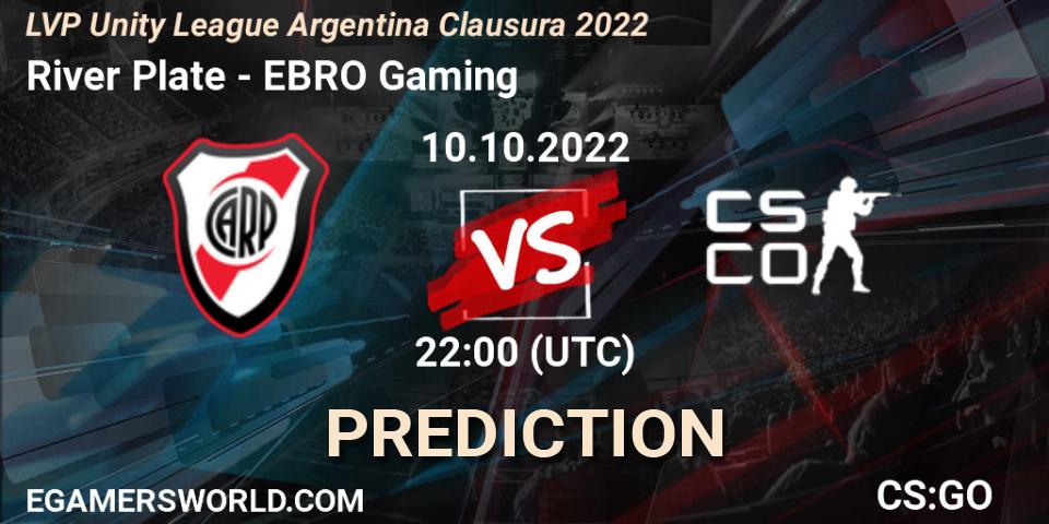 River Plate contre EBRO Gaming : prédiction de match. 10.10.2022 at 22:00. Counter-Strike (CS2), LVP Unity League Argentina Clausura 2022