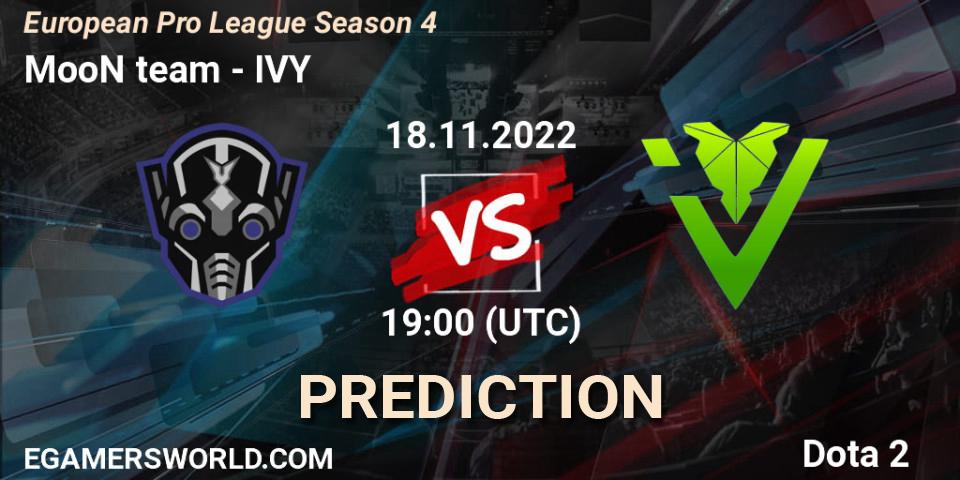 MooN team contre IVY : prédiction de match. 18.11.2022 at 19:16. Dota 2, European Pro League Season 4