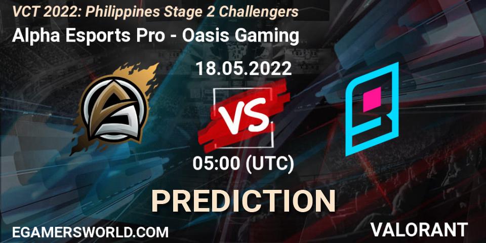 Alpha Esports Pro contre Oasis Gaming : prédiction de match. 18.05.2022 at 05:00. VALORANT, VCT 2022: Philippines Stage 2 Challengers