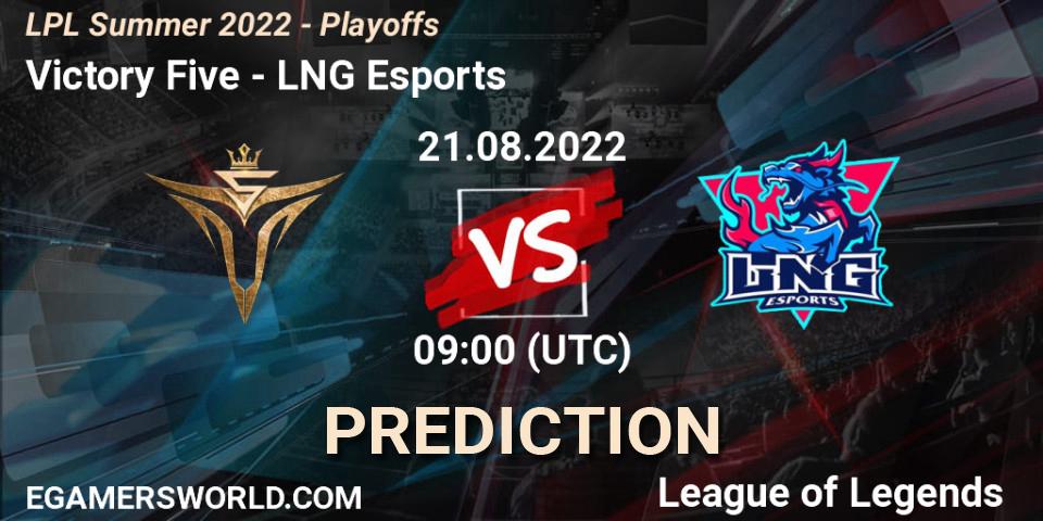 Victory Five contre LNG Esports : prédiction de match. 21.08.2022 at 09:00. LoL, LPL Summer 2022 - Playoffs