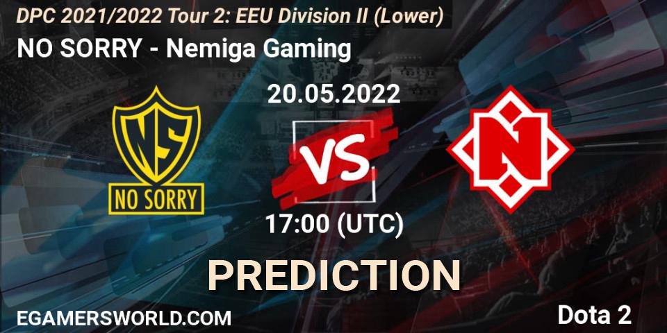 NO SORRY contre Nemiga Gaming : prédiction de match. 20.05.2022 at 16:59. Dota 2, DPC 2021/2022 Tour 2: EEU Division II (Lower)