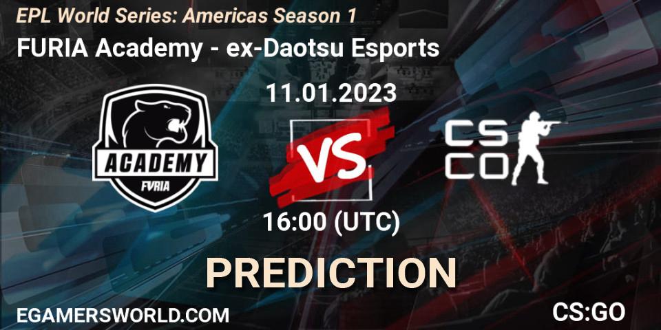 FURIA Academy contre ex-Daotsu Esports : prédiction de match. 12.01.2023 at 16:00. Counter-Strike (CS2), EPL World Series: Americas Season 1