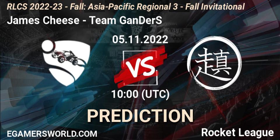 James Cheese contre Team GanDerS : prédiction de match. 05.11.2022 at 10:00. Rocket League, RLCS 2022-23 - Fall: Asia-Pacific Regional 3 - Fall Invitational
