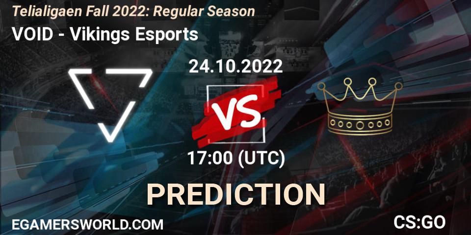 VOID contre Vikings Esports : prédiction de match. 24.10.2022 at 16:00. Counter-Strike (CS2), Telialigaen Fall 2022: Regular Season
