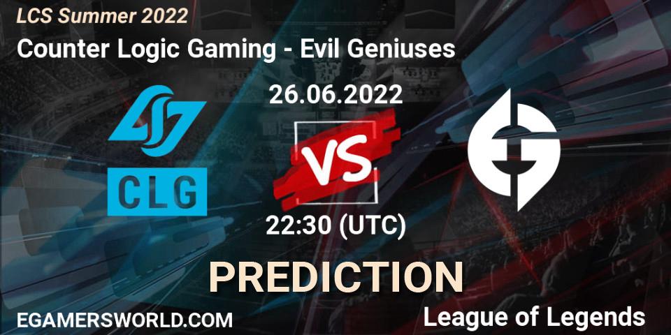 Counter Logic Gaming contre Evil Geniuses : prédiction de match. 26.06.2022 at 22:30. LoL, LCS Summer 2022