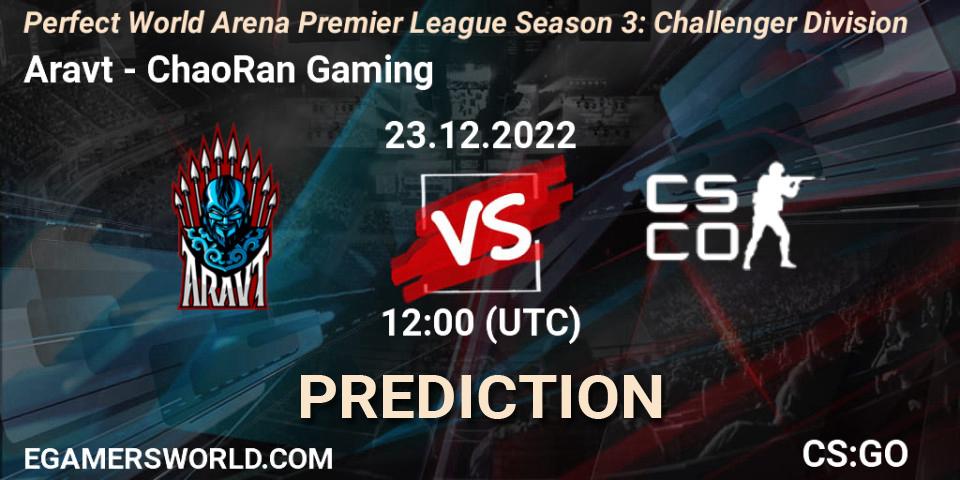 Aravt contre ChaoRan Gaming : prédiction de match. 23.12.2022 at 12:00. Counter-Strike (CS2), Perfect World Arena Premier League Season 3: Challenger Division