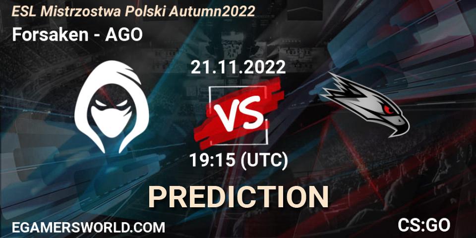 Forsaken contre AGO : prédiction de match. 21.11.2022 at 19:15. Counter-Strike (CS2), ESL Mistrzostwa Polski Autumn 2022