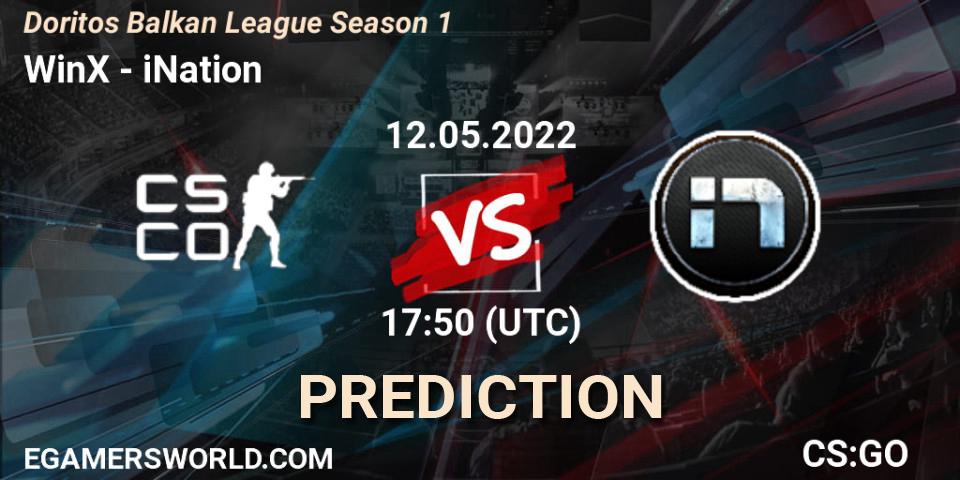 WinX contre iNation : prédiction de match. 12.05.2022 at 17:50. Counter-Strike (CS2), Doritos Balkan League Season 1