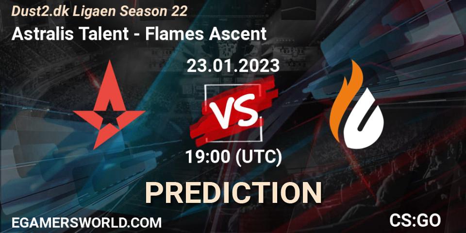 Astralis Talent contre Flames Ascent : prédiction de match. 23.01.2023 at 19:00. Counter-Strike (CS2), Dust2.dk Ligaen Season 22