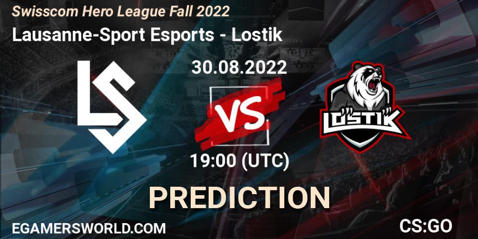 Lausanne-Sport Esports contre Lostik : prédiction de match. 30.08.2022 at 19:00. Counter-Strike (CS2), Swisscom Hero League Fall 2022