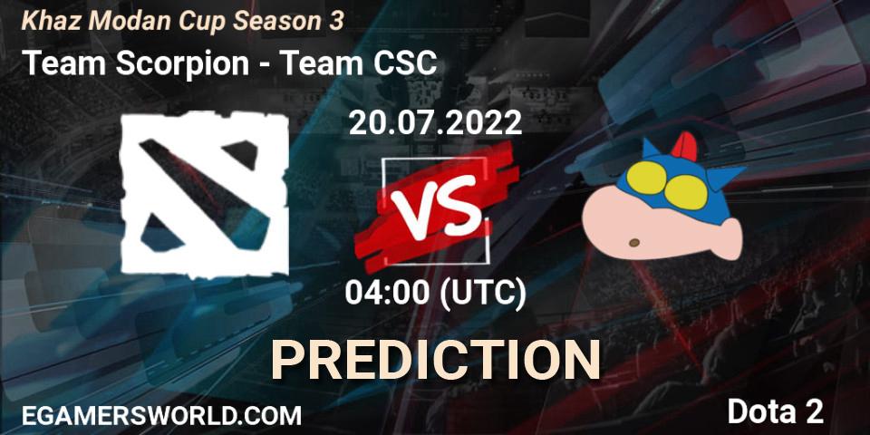 Team Scorpion contre Team CSC : prédiction de match. 20.07.2022 at 04:06. Dota 2, Khaz Modan Cup Season 3