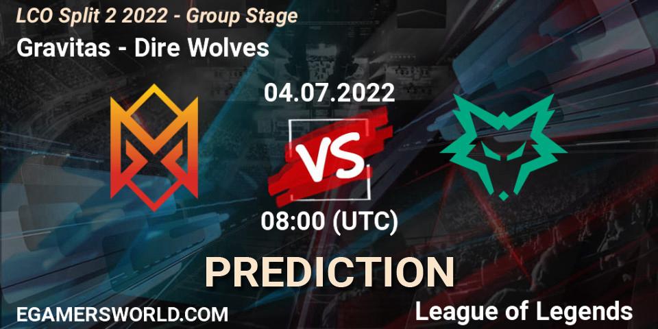 Gravitas contre Dire Wolves : prédiction de match. 04.07.2022 at 08:00. LoL, LCO Split 2 2022 - Group Stage