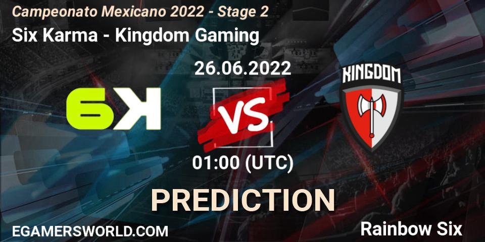 Six Karma contre Kingdom Gaming : prédiction de match. 26.06.2022 at 01:00. Rainbow Six, Campeonato Mexicano 2022 - Stage 2