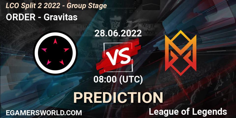 ORDER contre Gravitas : prédiction de match. 28.06.2022 at 08:00. LoL, LCO Split 2 2022 - Group Stage