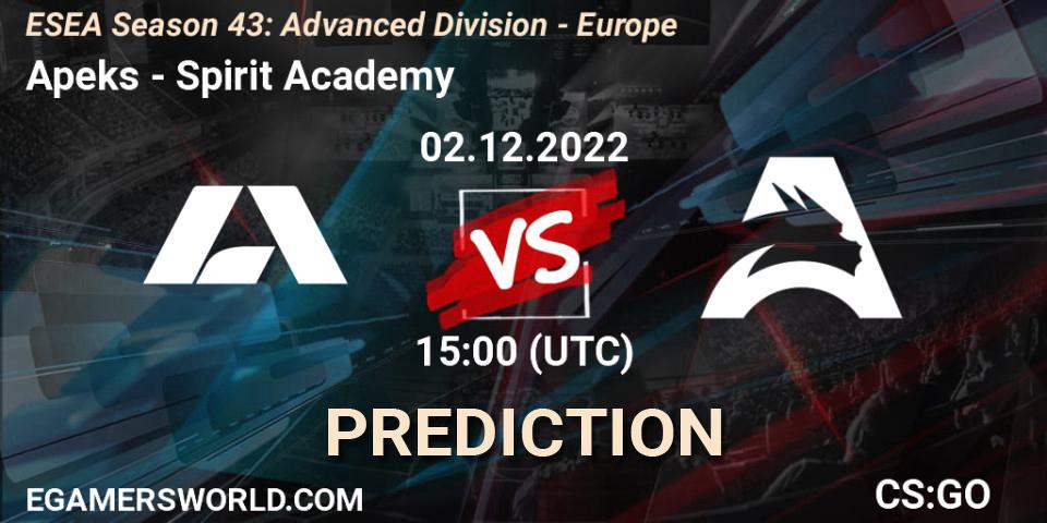 Apeks contre Spirit Academy : prédiction de match. 02.12.22. CS2 (CS:GO), ESEA Season 43: Advanced Division - Europe