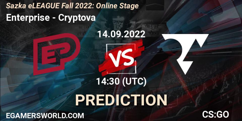 Enterprise contre Cryptova : prédiction de match. 14.09.2022 at 14:30. Counter-Strike (CS2), Sazka eLEAGUE Fall 2022: Online Stage