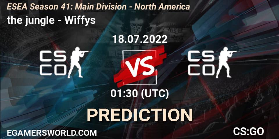 the jungle contre Wiffys : prédiction de match. 18.07.2022 at 01:00. Counter-Strike (CS2), ESEA Season 41: Main Division - North America