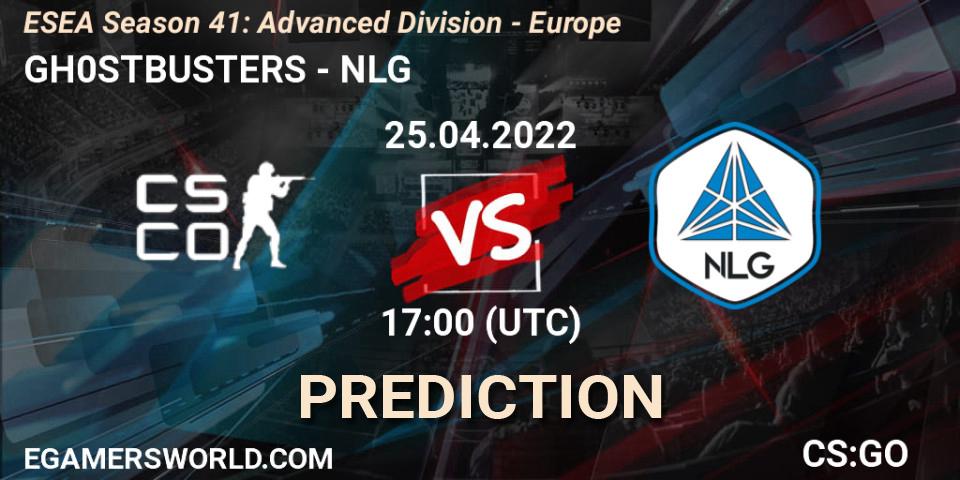 GH0STBUSTERS contre NLG : prédiction de match. 25.04.2022 at 17:00. Counter-Strike (CS2), ESEA Season 41: Advanced Division - Europe