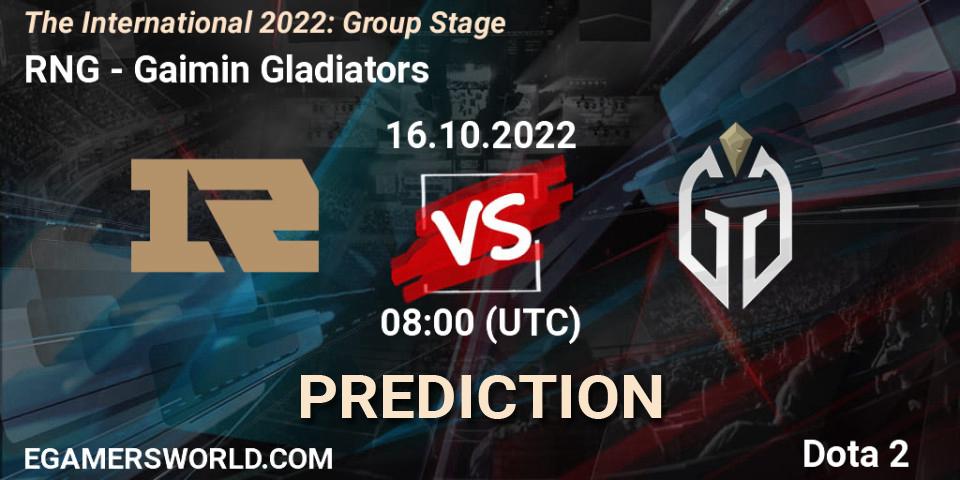 RNG contre Gaimin Gladiators : prédiction de match. 16.10.2022 at 09:11. Dota 2, The International 2022: Group Stage