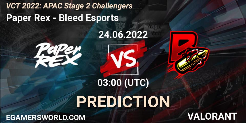 Paper Rex contre Bleed Esports : prédiction de match. 24.06.2022 at 03:00. VALORANT, VCT 2022: APAC Stage 2 Challengers