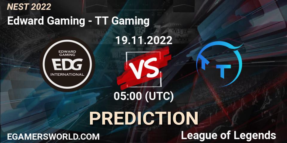 Edward Gaming contre TT Gaming : prédiction de match. 19.11.2022 at 05:25. LoL, NEST 2022