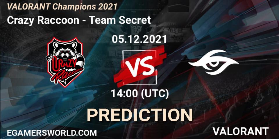Crazy Raccoon contre Team Secret : prédiction de match. 05.12.2021 at 14:00. VALORANT, VALORANT Champions 2021
