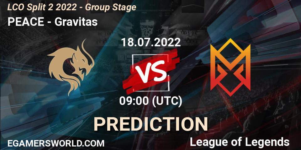 PEACE contre Gravitas : prédiction de match. 18.07.22. LoL, LCO Split 2 2022 - Group Stage