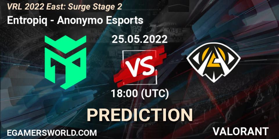 Entropiq contre Anonymo Esports : prédiction de match. 25.05.2022 at 19:00. VALORANT, VRL 2022 East: Surge Stage 2