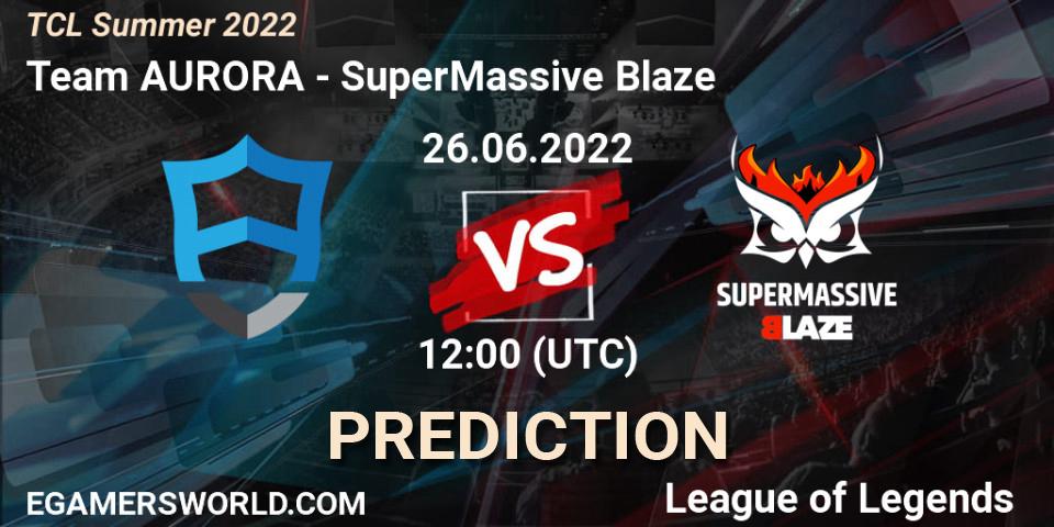 Team AURORA contre SuperMassive Blaze : prédiction de match. 26.06.2022 at 12:00. LoL, TCL Summer 2022
