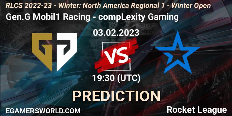 Gen.G Mobil1 Racing contre compLexity Gaming : prédiction de match. 03.02.2023 at 19:30. Rocket League, RLCS 2022-23 - Winter: North America Regional 1 - Winter Open