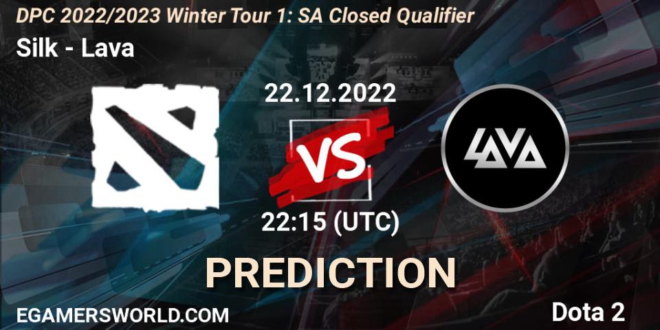 Silk contre Lava : prédiction de match. 22.12.2022 at 22:25. Dota 2, DPC 2022/2023 Winter Tour 1: SA Closed Qualifier