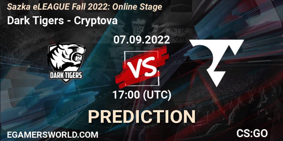 Dark Tigers contre Cryptova : prédiction de match. 07.09.2022 at 17:00. Counter-Strike (CS2), Sazka eLEAGUE Fall 2022: Online Stage