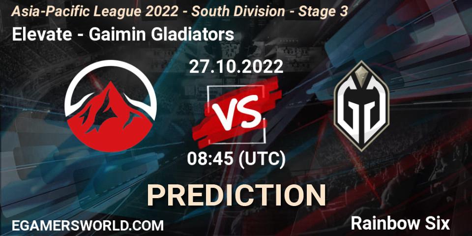 Elevate contre Gaimin Gladiators : prédiction de match. 27.10.2022 at 08:45. Rainbow Six, Asia-Pacific League 2022 - South Division - Stage 3