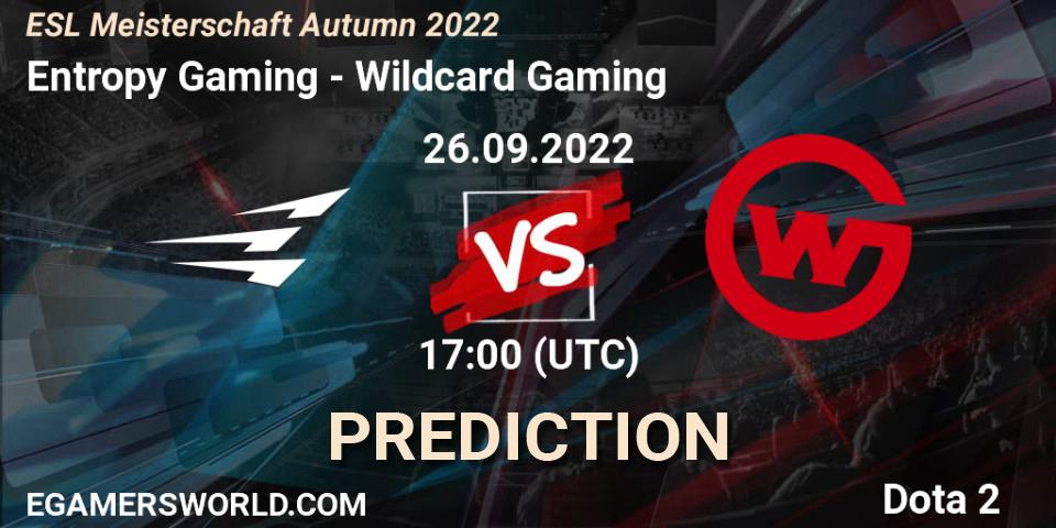 Entropy Gaming contre Wildcard Gaming : prédiction de match. 26.09.2022 at 17:09. Dota 2, ESL Meisterschaft Autumn 2022
