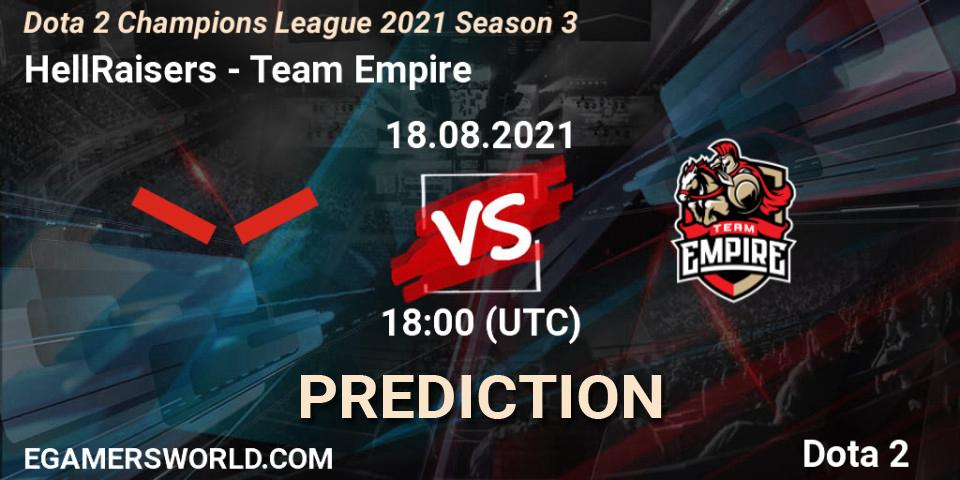 HellRaisers contre Team Empire : prédiction de match. 06.09.2021 at 09:00. Dota 2, Dota 2 Champions League 2021 Season 3