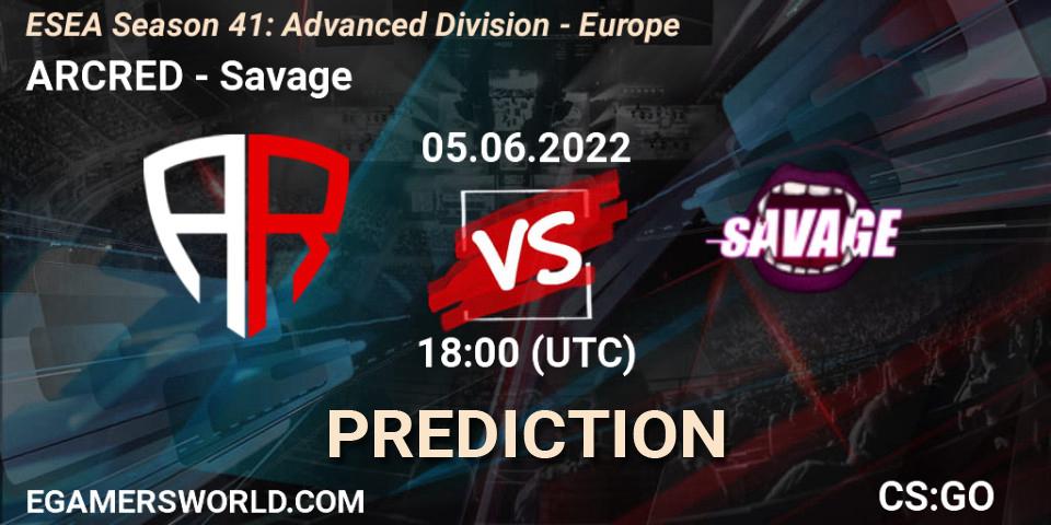 ARCRED contre Savage : prédiction de match. 05.06.2022 at 18:00. Counter-Strike (CS2), ESEA Season 41: Advanced Division - Europe