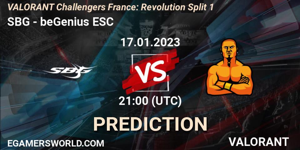 SBG contre beGenius ESC : prédiction de match. 17.01.2023 at 21:30. VALORANT, VALORANT Challengers 2023 France: Revolution Split 1