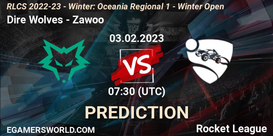 Dire Wolves contre Zawoo : prédiction de match. 03.02.2023 at 07:30. Rocket League, RLCS 2022-23 - Winter: Oceania Regional 1 - Winter Open