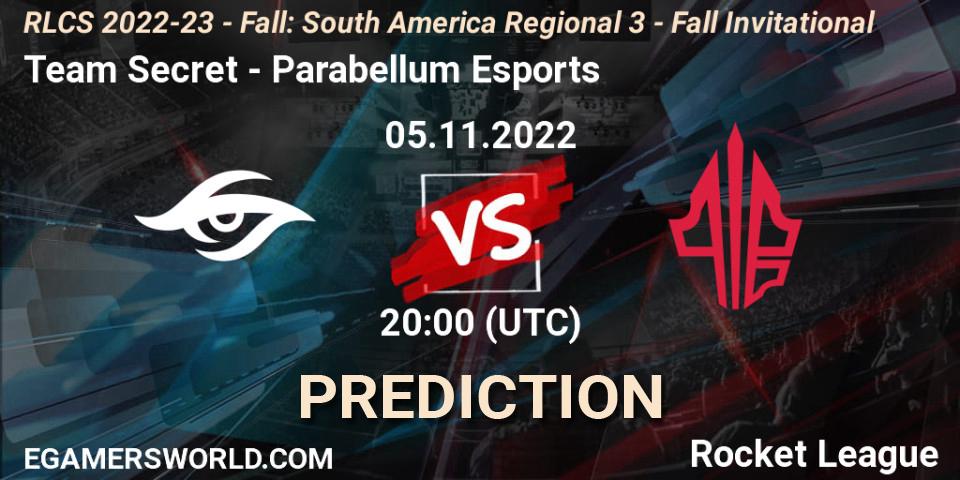 Team Secret contre Parabellum Esports : prédiction de match. 05.11.2022 at 22:00. Rocket League, RLCS 2022-23 - Fall: South America Regional 3 - Fall Invitational