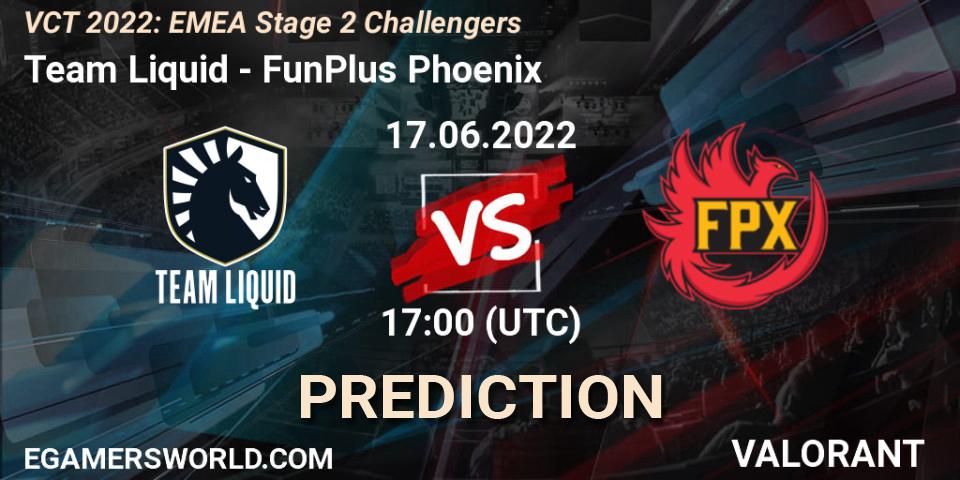 Team Liquid contre FunPlus Phoenix : prédiction de match. 17.06.2022 at 16:45. VALORANT, VCT 2022: EMEA Stage 2 Challengers